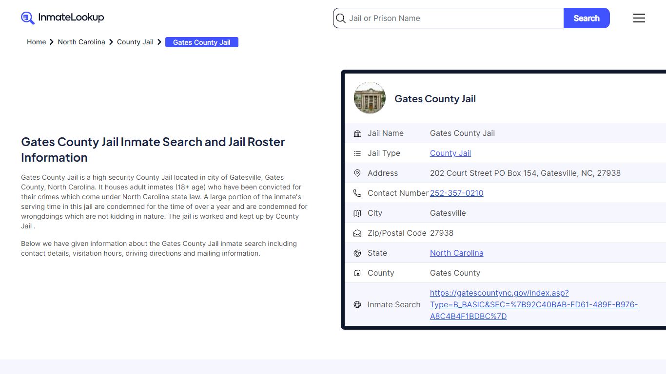 Gates County Jail Inmate Search and Jail Roster Information - Inmate Lookup
