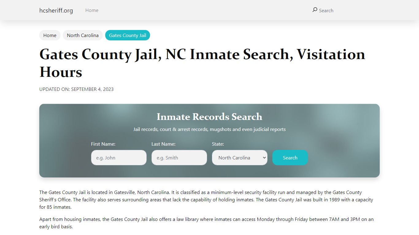 Gates County Jail, NC Inmate Search, Visitation Hours
